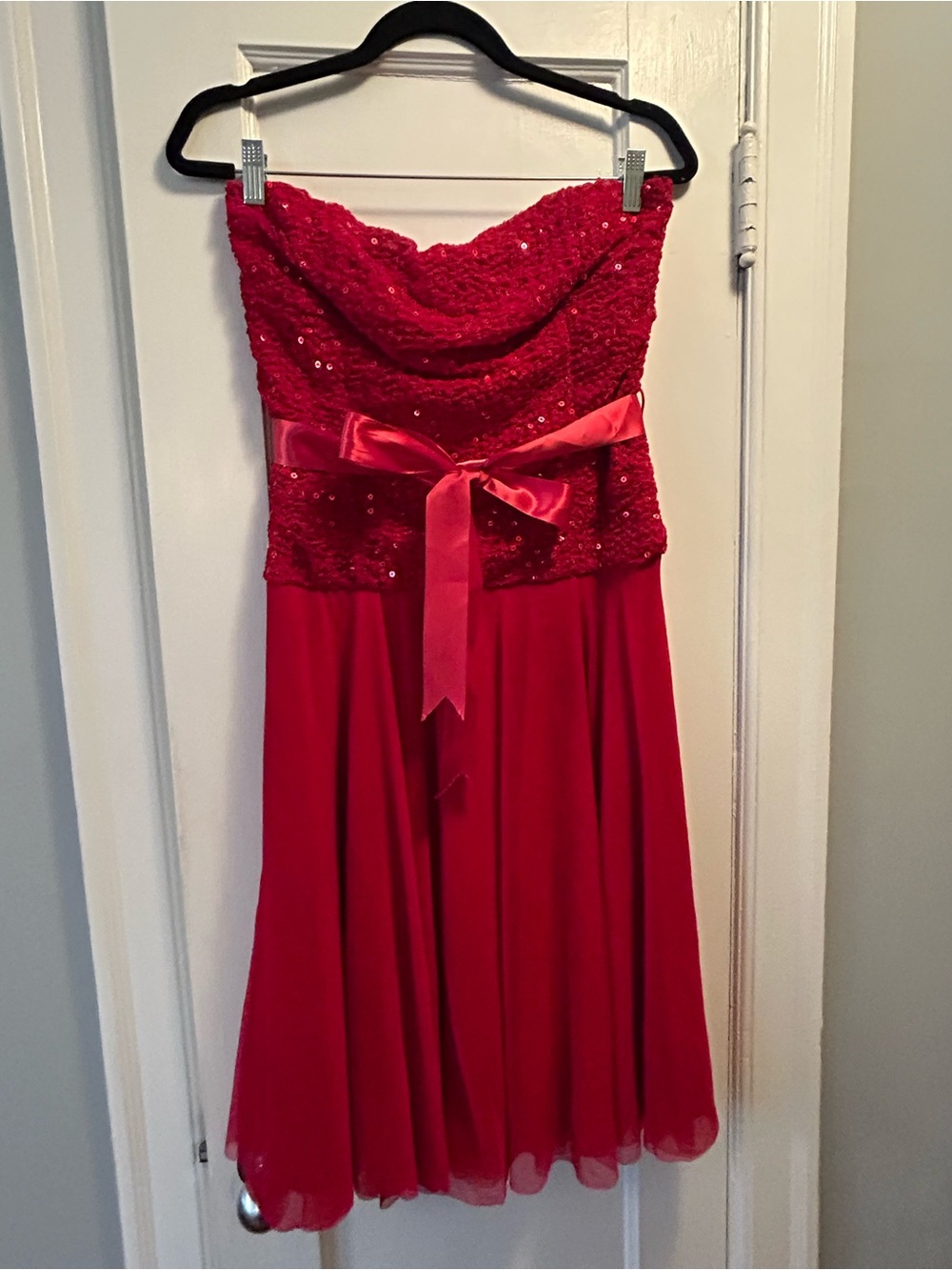 Red Strapless Sequin Bodice Dress with Ribbon Waist